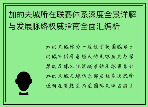 加的夫城所在联赛体系深度全景详解与发展脉络权威指南全面汇编析