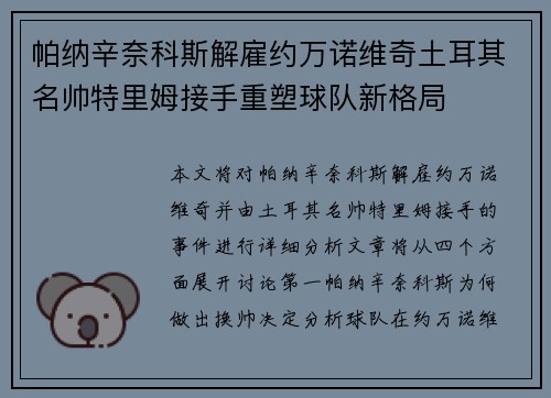 帕纳辛奈科斯解雇约万诺维奇土耳其名帅特里姆接手重塑球队新格局 帕纳辛奈科斯解雇约万诺维奇土耳其名帅特里姆接手重塑球队新格局
