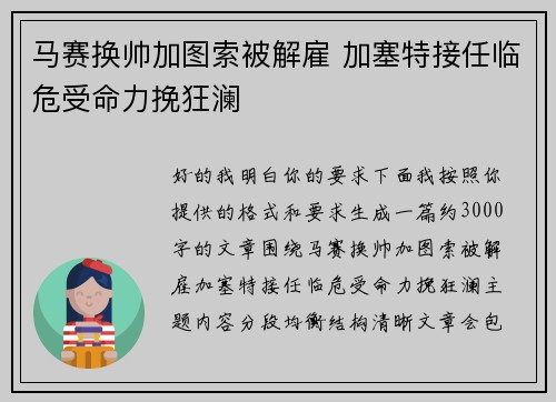 马赛换帅加图索被解雇 加塞特接任临危受命力挽狂澜 马赛换帅加图索被解雇 加塞特接任临危受命力挽狂澜