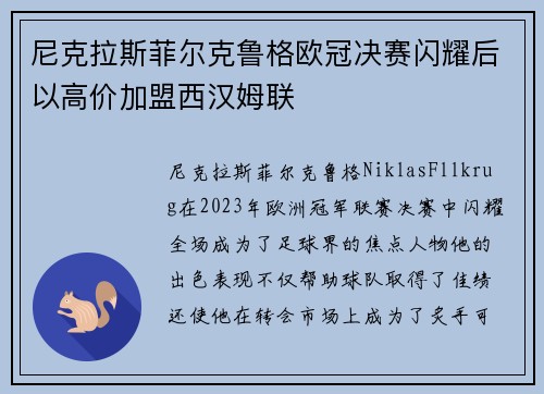 尼克拉斯菲尔克鲁格欧冠决赛闪耀后以高价加盟西汉姆联